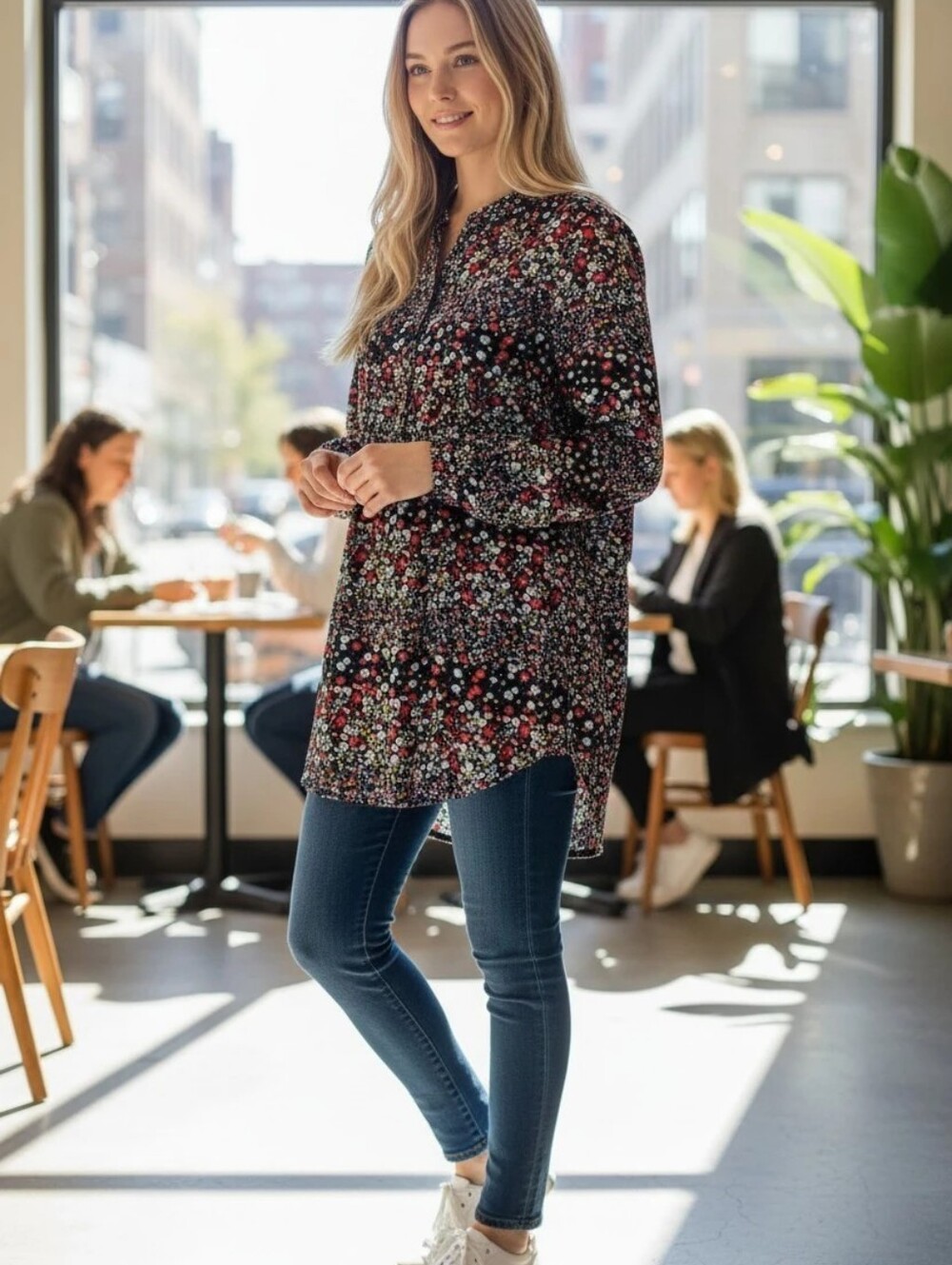 Nanette Blue Red Multicolor Floral Button Down Long-Sleeve Tunic Top Sz Medium